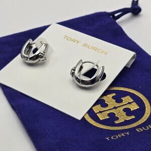 NEW Tory Burch Silver Chunky Huggie Hoop Earrings Logo Small Casual Everyday